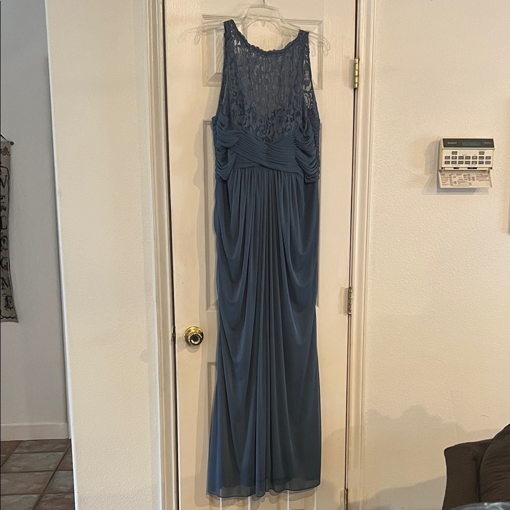 David's Bridal Blue Lace Bodice Chiffon Evening Gown